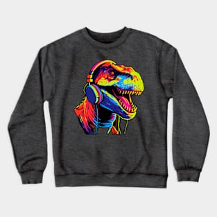 Funny Tyrannosaurus Rex With Head Phones Colorful Design Crewneck Sweatshirt